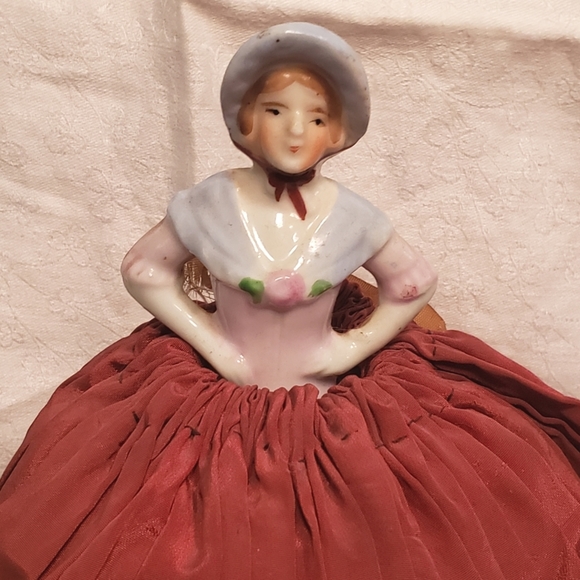 Antique Porcelain Half Doll Pincushion with Dark Red Silk Skirt - Picture 9 of 11